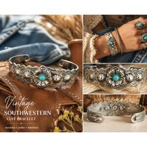 Vintage Southwestern Silver Tone Turquoise color Cuff Bracelet Boho Western